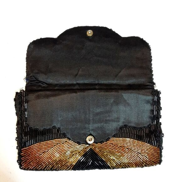 VINTAGE Clutch Art Deco Jet Hand-Beaded Copper Gold Handbag Lined 9"x5" - Picture 4 of 13